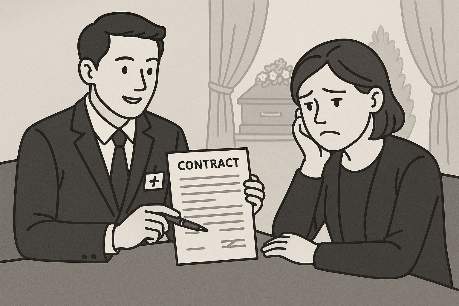 상조회사 상담 중 불안한 표정을 짓는 유가족의 모습, 부당한 출장비 요구 상황을 표현한 그림